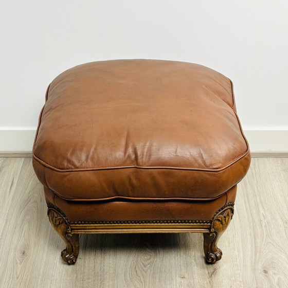 Image 1 of Vintage Queen Anne leather footstool with cabriole legs