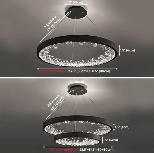 New modern chandeliers, 2 rings with crystal glass