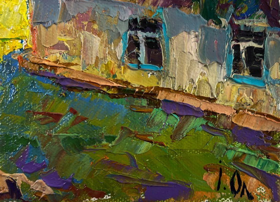 Image 1 of Original Oil Painting Summer Village Landscape Work silence under the evening sky