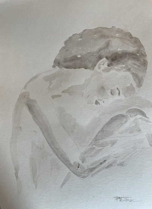 Sepia aquarel portret van een vrouw "De denker