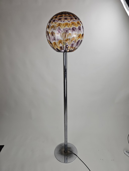 Italian floor lamp chrome base and glass ball with purple and orange colors