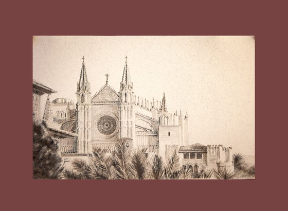 Image 1 of Charcoal drawing of the Cathedral of Mallorca. Mallorca drawing. Painting of Mallorca. Mallorca cityscape. Mallorca. New.