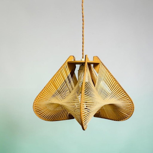 Lampe suspendue vintage en bois et paille de style Japandi, années 1960