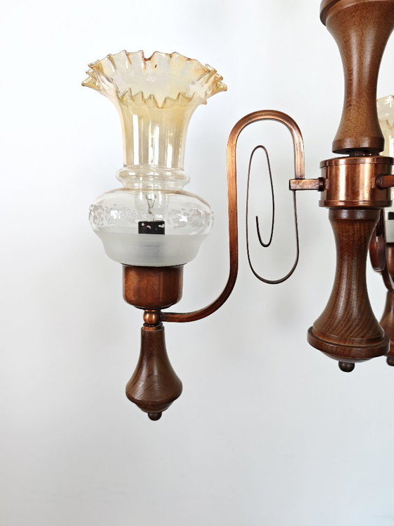 Image 1 of Vintage Amber Glass Chandelier / 1970s Yugoslavia Pendant Light / Mid Century Modern Ceiling Lamp / Wood & Copper Lighting 