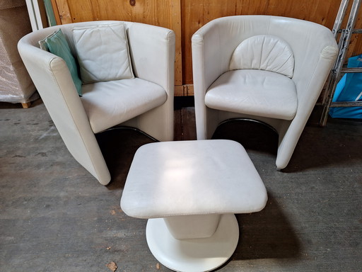 2 Gray White Leather Club Chairs With Matching Footstool