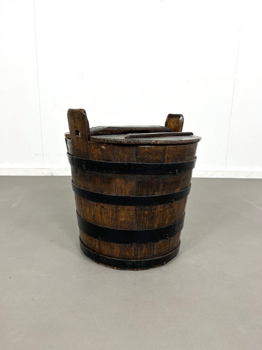 Antique, rustic wooden barrel with lid, Sweden, 1920s.