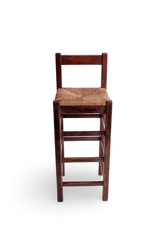 Image 1 of 2x tabourets de bar vintage en bois avec assise en jonc