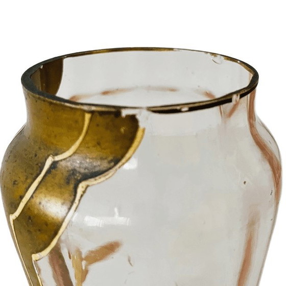 Image 1 of Jarrón antiguo de vidrio dorado Art Nouveau victoriano pintado a mano, década de 1900