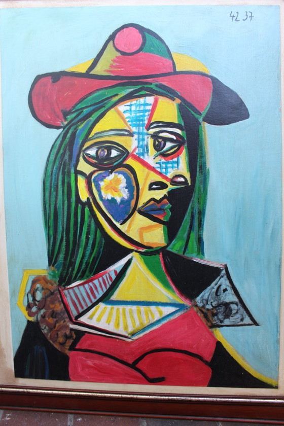 Image 1 of Vintage Cubist Female Portrait Picassso BLue Period
