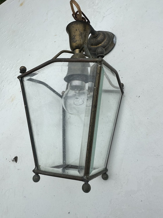 Image 1 of Antieke koperen lantaarn met bewerkt glas