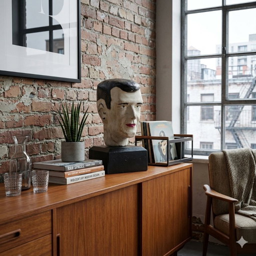 Testa in gesso vintage su base di cemento – oggetto scultoreo – circa 39 cm di altezza - busto vintage