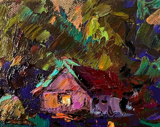 Image 1 of Original Oil Painting Summer House Landscape Moonlit Country Night