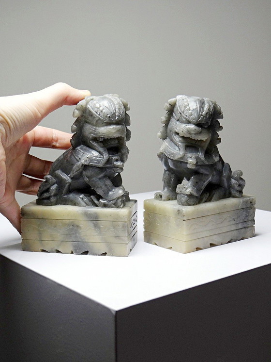 Image 1 of Pair of small Dogs/Lions Foo carved soapstone vintages