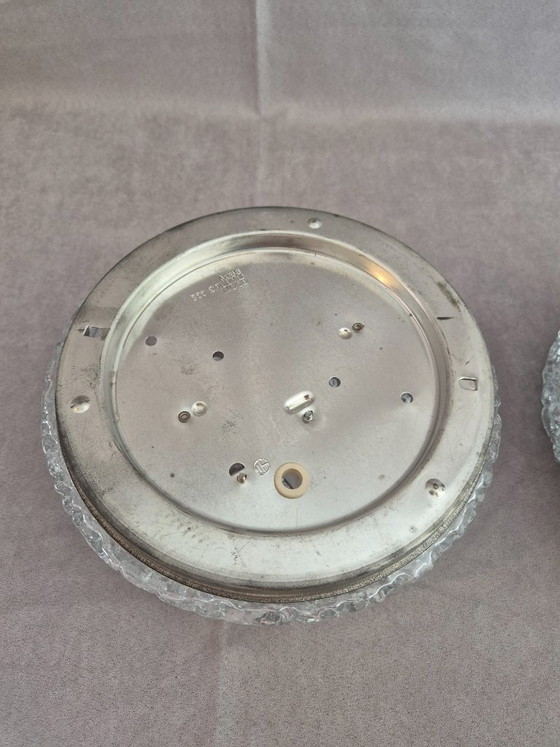Image 1 of Pair of Glashütte Limburg 2791 Textured Ice Glass Flush Mount Ceiling / Wall Lights, Black Base, E27, Ø24.5 cm, Germany