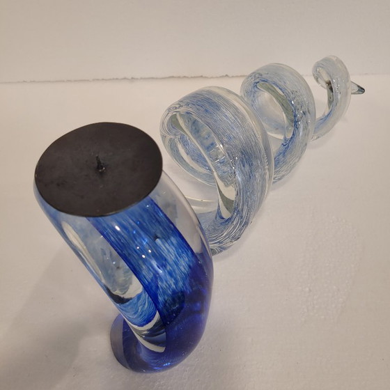 Image 1 of Pair of blue spiral candlesticks, glass, 80's - France