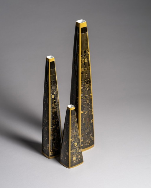 Rare Rosenthal Studio-Line Mustard Graphic Design by Theo Baumann Vase Trio MCM