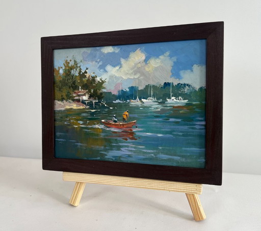 Original Oil Painting Summer River Landscape At the summer yacht club