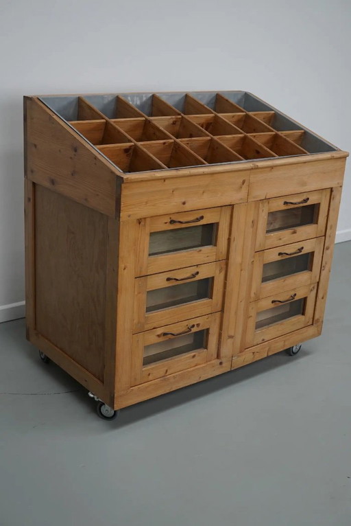 Vintage Dutch pine haberdashery shop cabinet with glass fronts