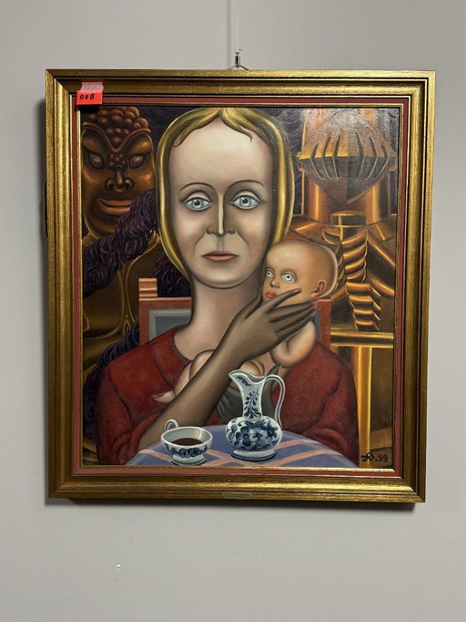 Geborgenheid (Shelter / Inner Protection) – Ferdinand Vercnocke, Belgian School, signed 1959. Oil on canvas.