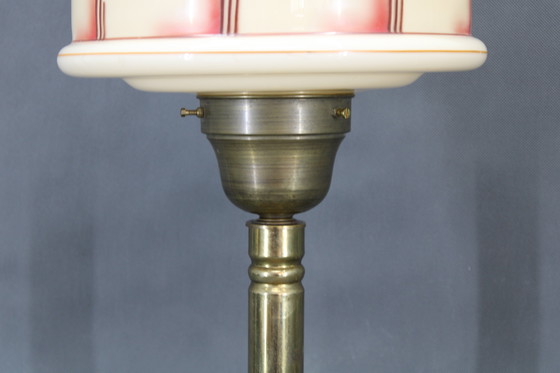 Image 1 of 1940s Restored Brass Table Lamp with Wooden Base and Glass Shade