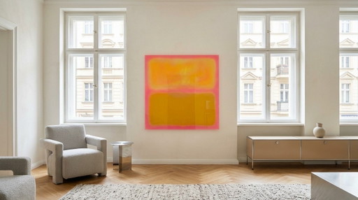 Tentoonstellingsstuk – Abstract kleurveldschilderij in neonroze en -gele tinten | 110 × 110 cm | 5 mm acrylglas |