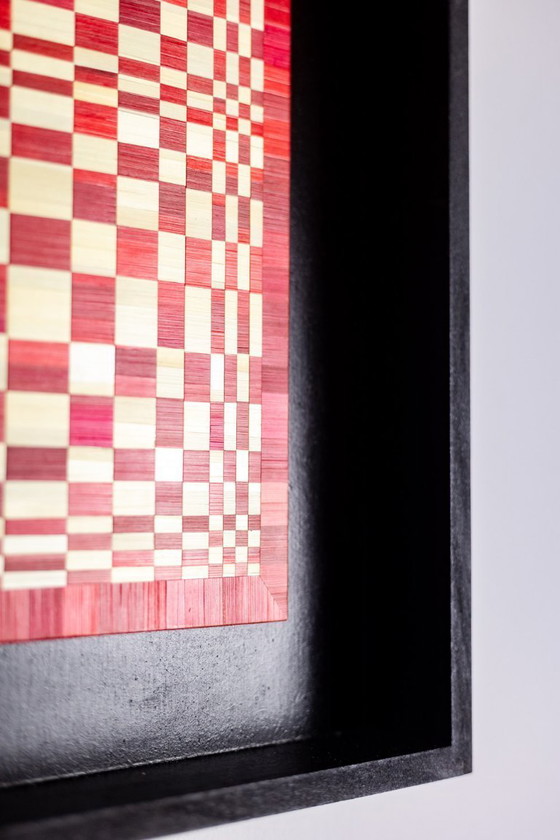 Image 1 of Pair of panels in red and gold straw marquetry. Contemporary.
