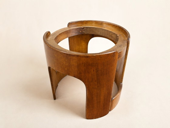 Image 1 of Pouf Sgabello Artigianale Vintage Anni ’60/’70 – Legno Curvato con Cuscino Sfoderabile in Velluto Ocra
