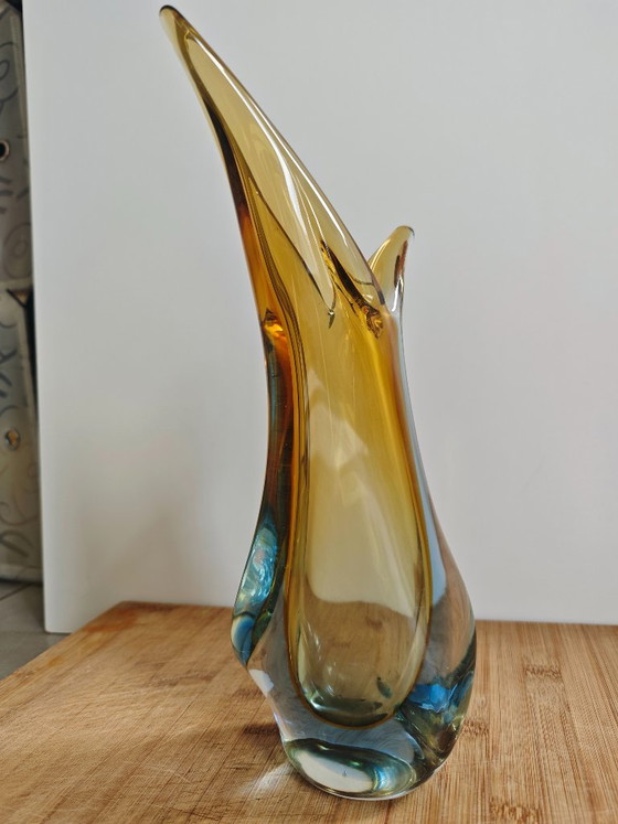 Image 1 of Vintage mouth-blown glass sculptural vase — amber/topaz to smoky blue — Murano style