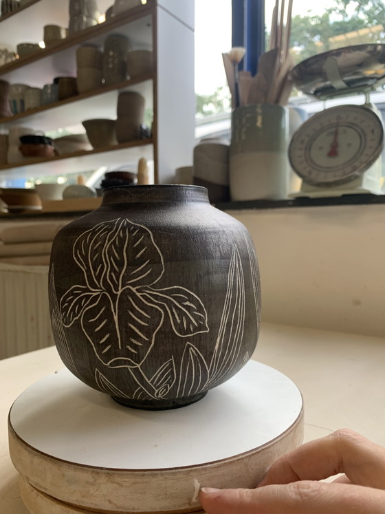 Image 1 of Handmade stoneware vase (ceramic) with irises and metallic glaze