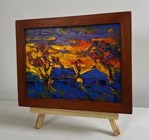 Original Oil Painting Sunset Houses Landscape A blazing evening in the village