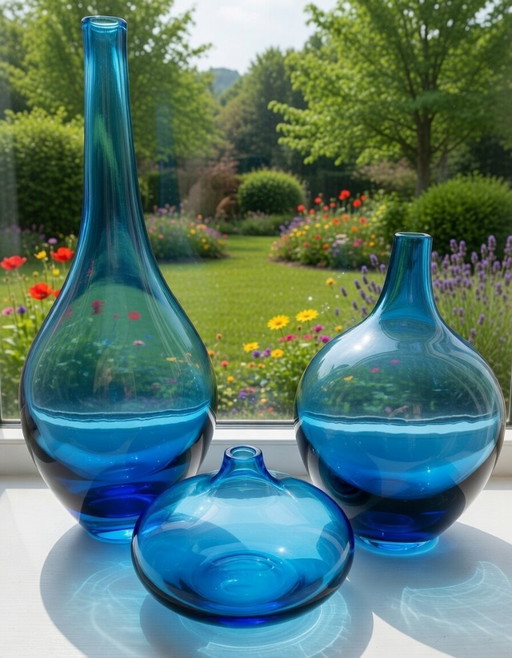 Set of 3 hand-blown turquoise designer vases – Ocean Blue Collection