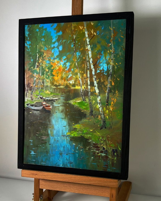 Image 1 of Peinture à l'huile originale, paysage naturel : une rivière dans la forêt d'automne