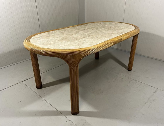 Image 1 of Vivai del Sud rattan and travertine dining table, Italy, 1960s
