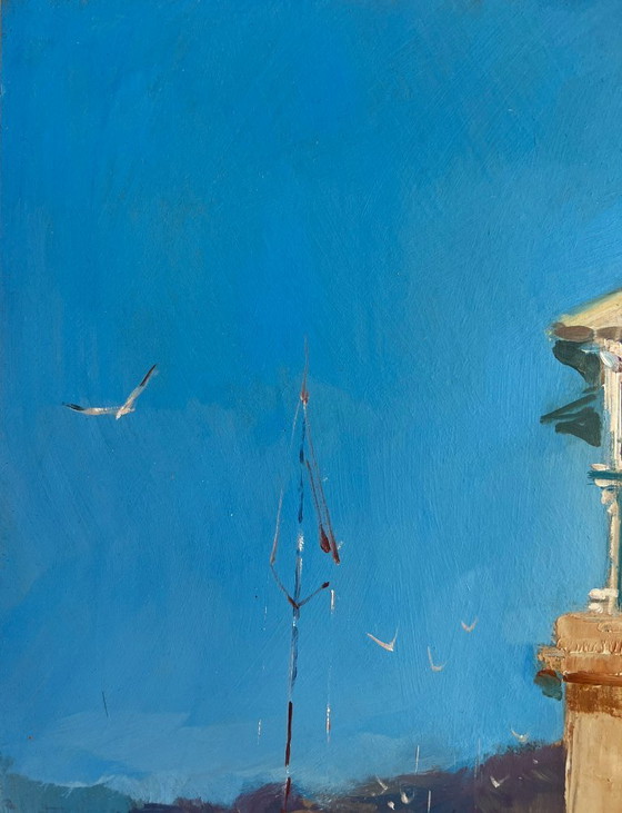 Image 1 of Original Oil Painting Coastal City Landscape Waiting for the tide