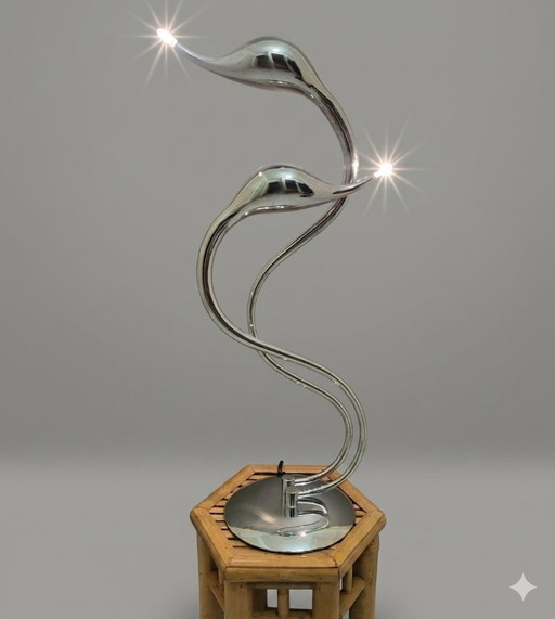 Designer table lamp, swans, Swan, in chrome, Woofi leuchten