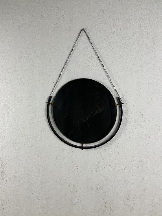 Image 1 of Round varnished metal and brass mirror with chain, 1950s