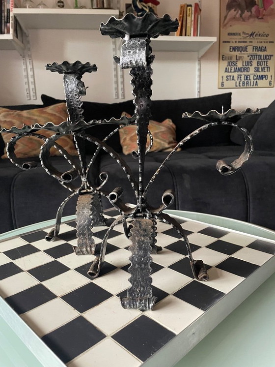 Image 1 of Pair of Brutalist candlesticks in wrought iron 1950