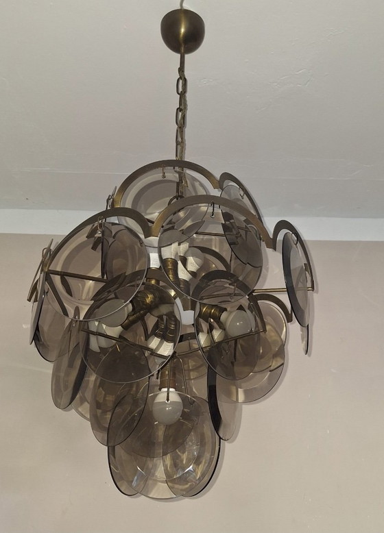 Image 1 of Lampadario Vistosi con 28 dischi di vetro ambrato sfaccettato, Italia, anni '60