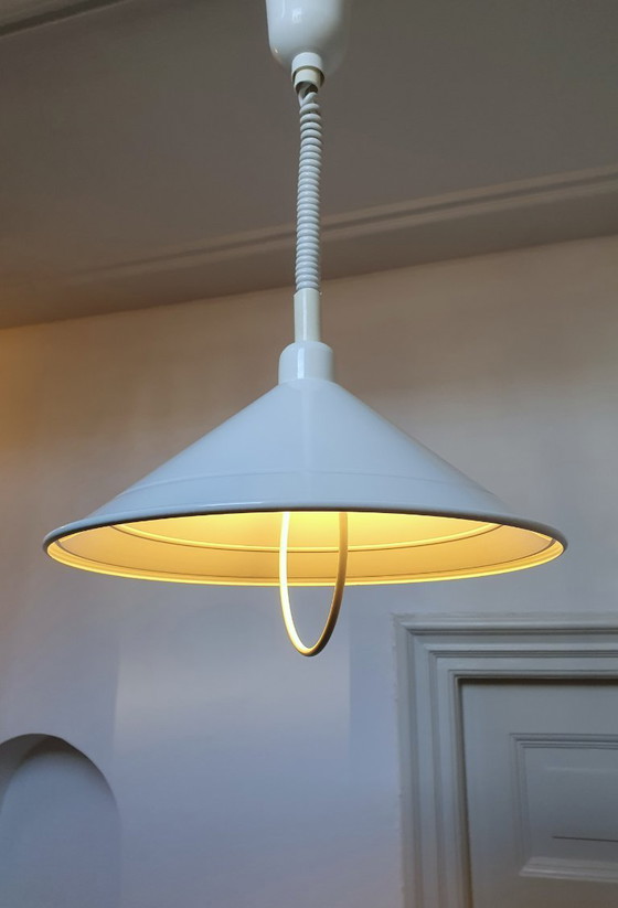 Image 1 of Lampada a sospensione vintage in metallo bianco con interruttore a cordicella
