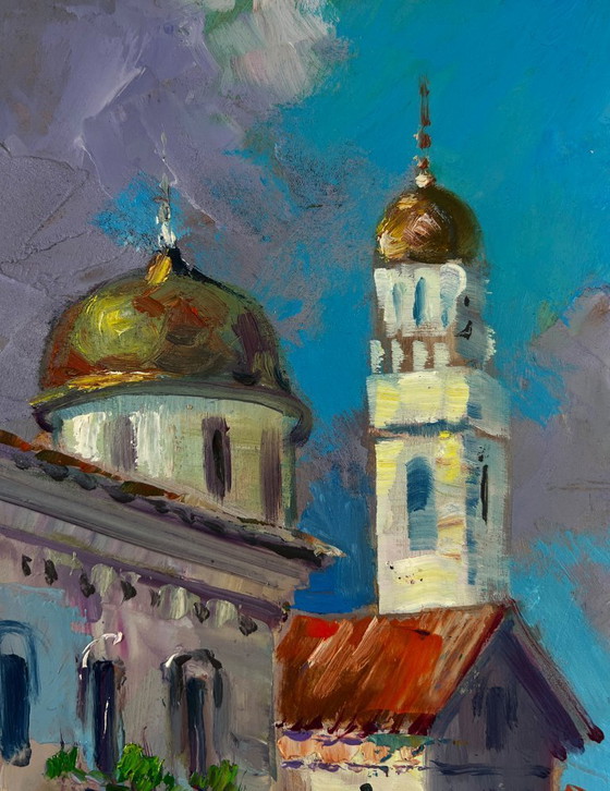 Image 1 of Original Oil Painting Coastal City Landscape The sea gently caresses the buildings