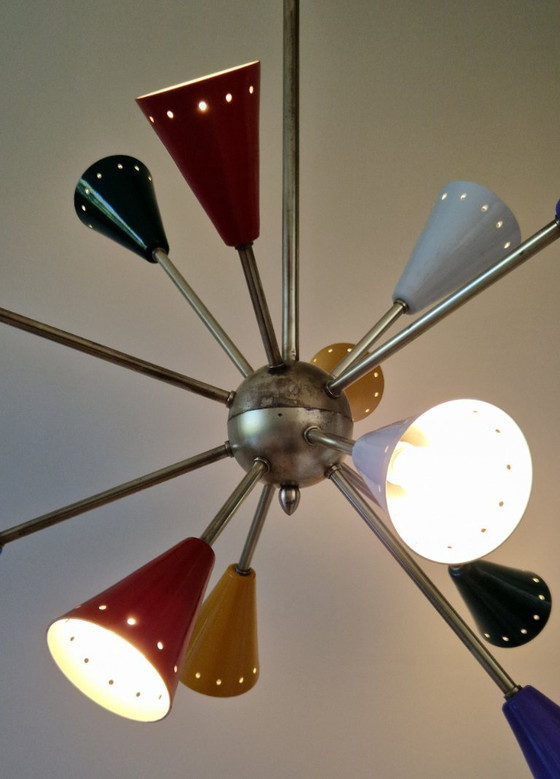 Image 1 of Vintage Stilnovo Sputnik chandelier, Italian mid-century style, brass