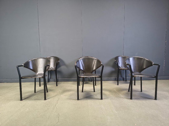 Image 1 of Set aus 6 Leder-Esszimmerstühlen von Segis Italy, 1980er Jahre