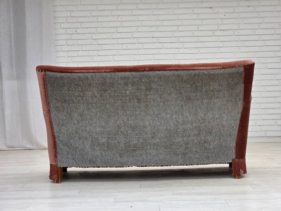 Image 1 of 1970s, Danish 2-seater sofa, original salmon pink furniture velour, beech wood.