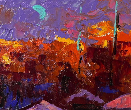 Image 1 of Peinture à l'huile originale représentant un paysage de village nocturne sous la lune
