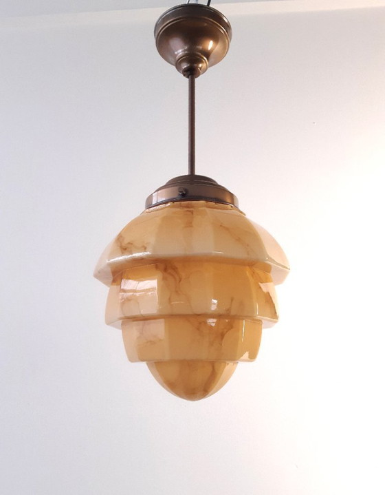 Image 1 of Art-Deco-Deckenleuchte, bernsteinfarbene Marmor-Herda-Pendelleuchte