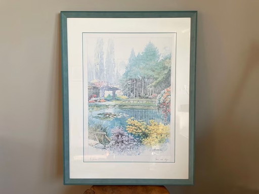 Peinture encadrée à l'aquarelle turquoise représentant un étang, par M. Marten