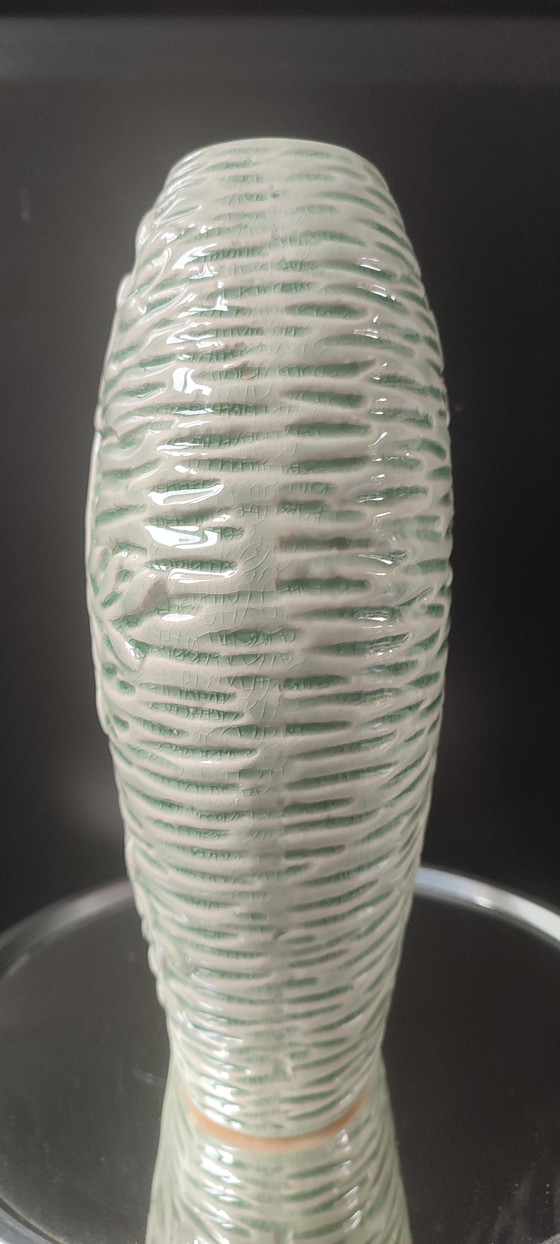 Image 1 of Crackle-glazed ceramic vase from the 1980s-90s with a plant motif

