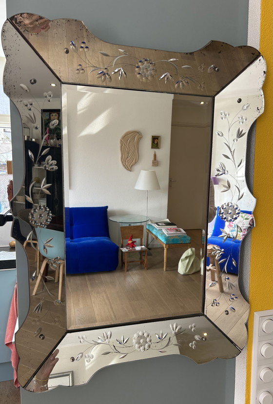 Image 1 of Prachtige Vintage Venetiaanse Spiegel – Geëtst Glas 79x58 cm