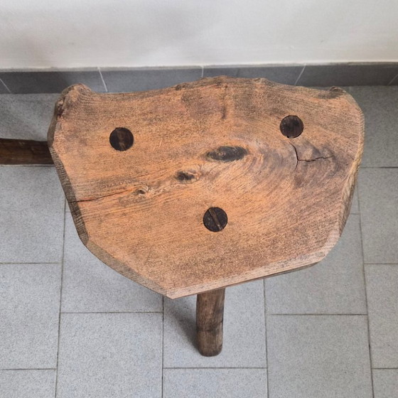 Image 1 of Pair of Vintage Brutalist Tripod Stools 1970s in Oak 70s DLG Marolles