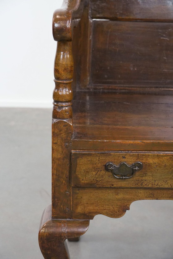 Image 1 of Antique English hooded lambing chair from the 18th century with a hood shape and a drawer